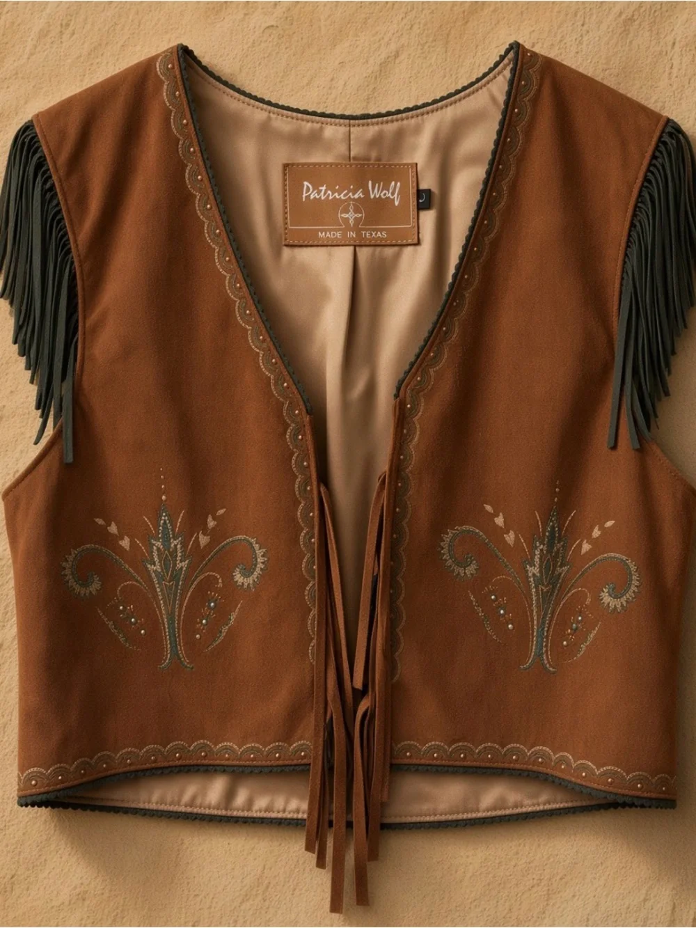 Patricia Wolf hand painted brown leather vest with black fringe RTL $395 L EUC